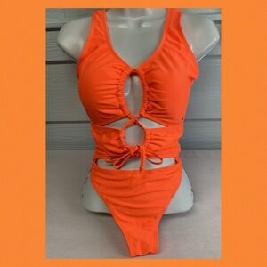 Orange one piece swimsuit.